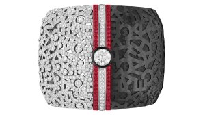 The Print cuff can be worn with its letters set in diamonds, cut from carbon fiber, or with one half from either material