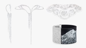 Clockwise from left: Boucheron Givre earring in 18-karat white gold set with Akoya pearls and pavé diamonds; Boucheron Cascade transformable necklace in 18-karat white gold with pavé diamonds. It can be shortened, and a pair of earrings can detach from the center; Boucheron Ondes necklace in rock crystal and 18-karat white gold with pavé diamonds; Boucheron Eau Forte cuff bracelet in 18-karat white gold set with diamonds, black ink, and airbrushed white lacquer