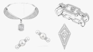 Clockwise from top left: Messika Midnight Sun Opus 2 Lunar Diva necklace in 18-karat white gold set with a 5.10-carat emerald-cut puzzle diamond and diamonds; Messika So Move Max 3 Finger ring in 18-karat white gold set with diamonds; Messika Star Chaser brooch in 18-karat white gold set with diamonds; Messika Disco Pulsation earrings in 18-karat white gold set with Akoya pearls and diamonds 