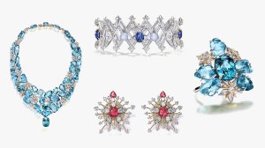 Clockwise from left: Tiffany & Co. Iconic Star necklace in platinum and 18-karat yellow gold with a blue zircon over 41 carats, aquamarines, mother-of-pearl, blue zircons, and diamonds; Tiffany & Co. bracelet in platinum and 18-karat yellow gold set with Sri Lankan sapphires totaling over eight carats, star sapphires, and diamonds; Tiffany & Co. Iconic Star ring in platinum and 18-karat yellow gold with a blue zircon over 26 carats, aquamarines totaling over 32 carats, mother-of-pearl, and diamonds; Tiffany & Co. Ray of Light earrings in platinum and 18-karat yellow gold set with red spinels totaling over five carats and diamonds 