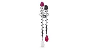 Christie's Cartier natural pearl, pink tourmaline, ruby, onyx, and diamond brooch.