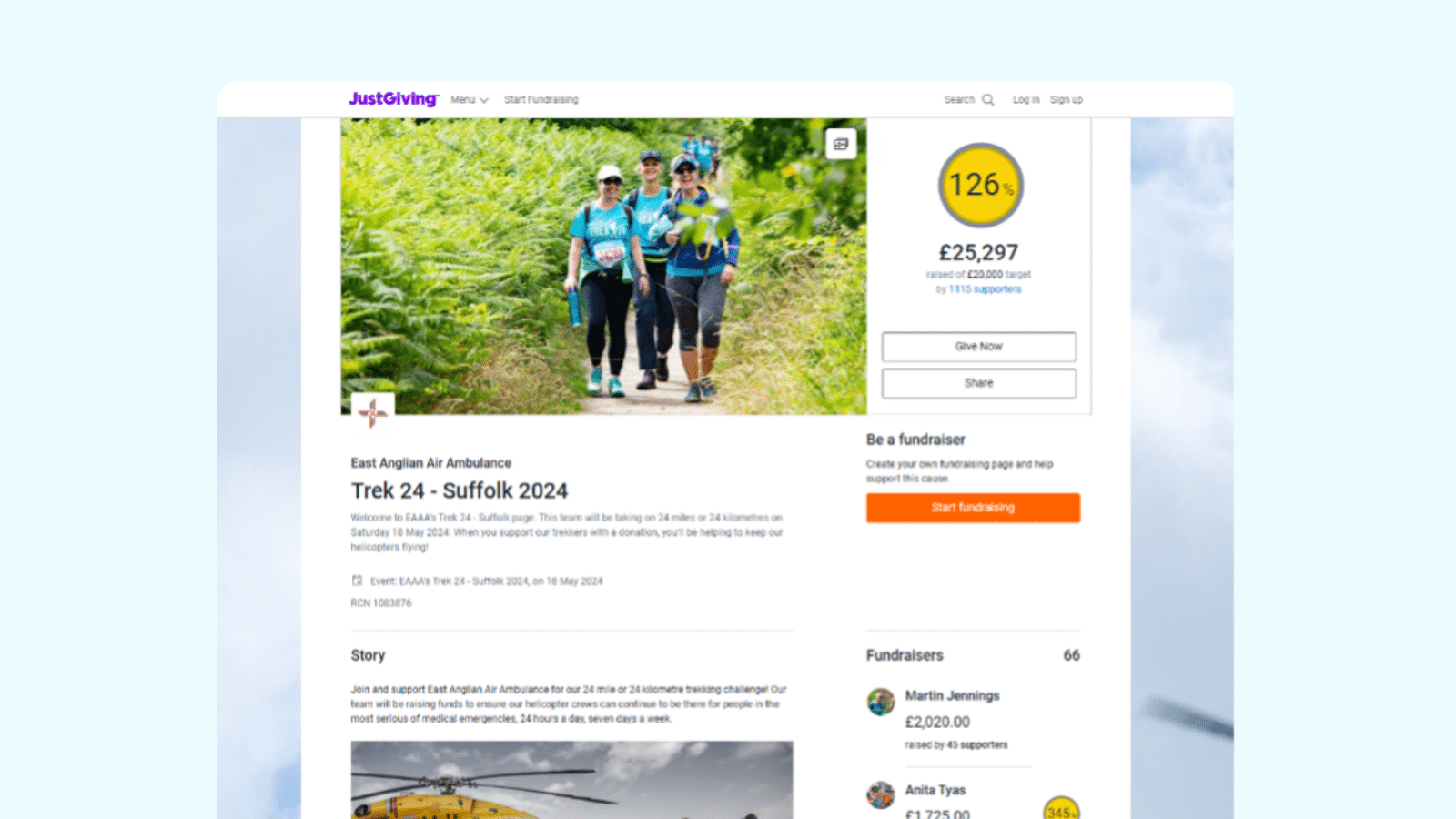 Screenshot of charity East Anglian Air Ambulance's Campaign Page for its Trek 24 trekking event, showing it met 126% of its target, raising over £25,000 from over 1,000 supporters.