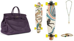 An Hermès bag from NIGO; An Hermès skateboard, Jacob & Co. necklace, and Lorraine Schwartz bangles from Pharrell Williams