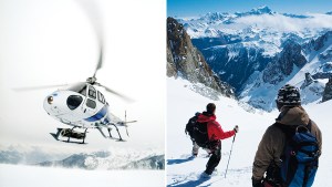 Left: SwisSkiSafari relies on private helicopter charters to ferry clients around the region. Right: The travel operator’s heli-skiers often have the descent to themselves, as they do here on Switzerland’s Saleina Glacier.