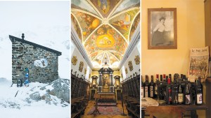 From left: A small station in the Great Saint Bernard Pass; the church at the top of the pass; inside an (extremely) off-the-beaten-path restaurant for lunch.