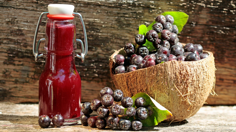 A bottle of homemade aronia juice next to aronia berries