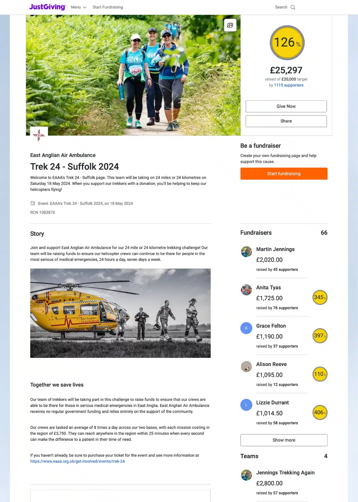 Screenshot of East Anglian Air Ambulance's JustGiving Campaign Page, showing off a detailed story section, custom branding, and engaging photos.