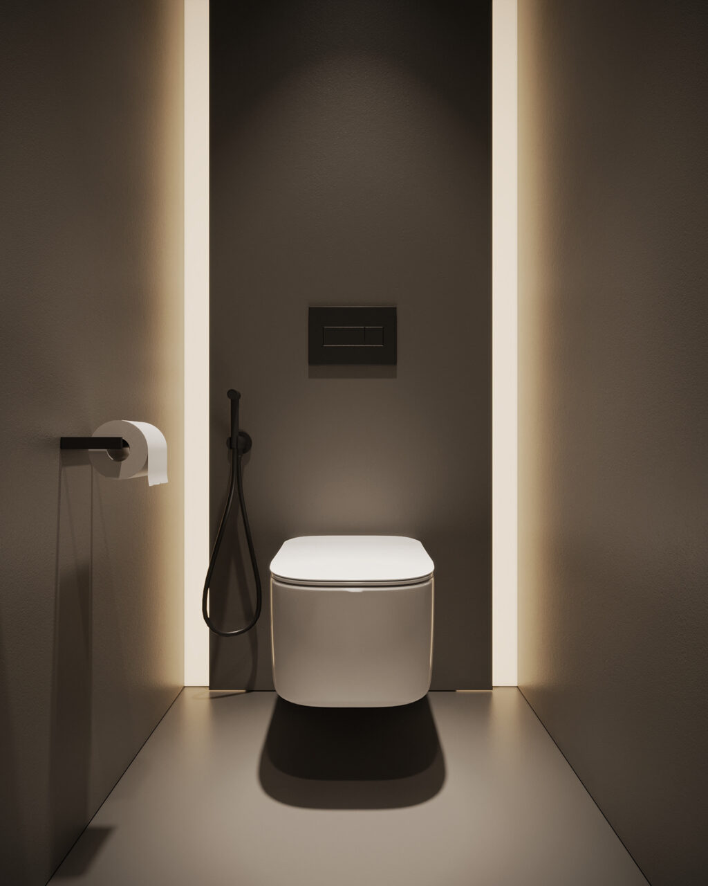 dark gray bathroom interior with strategic lighting