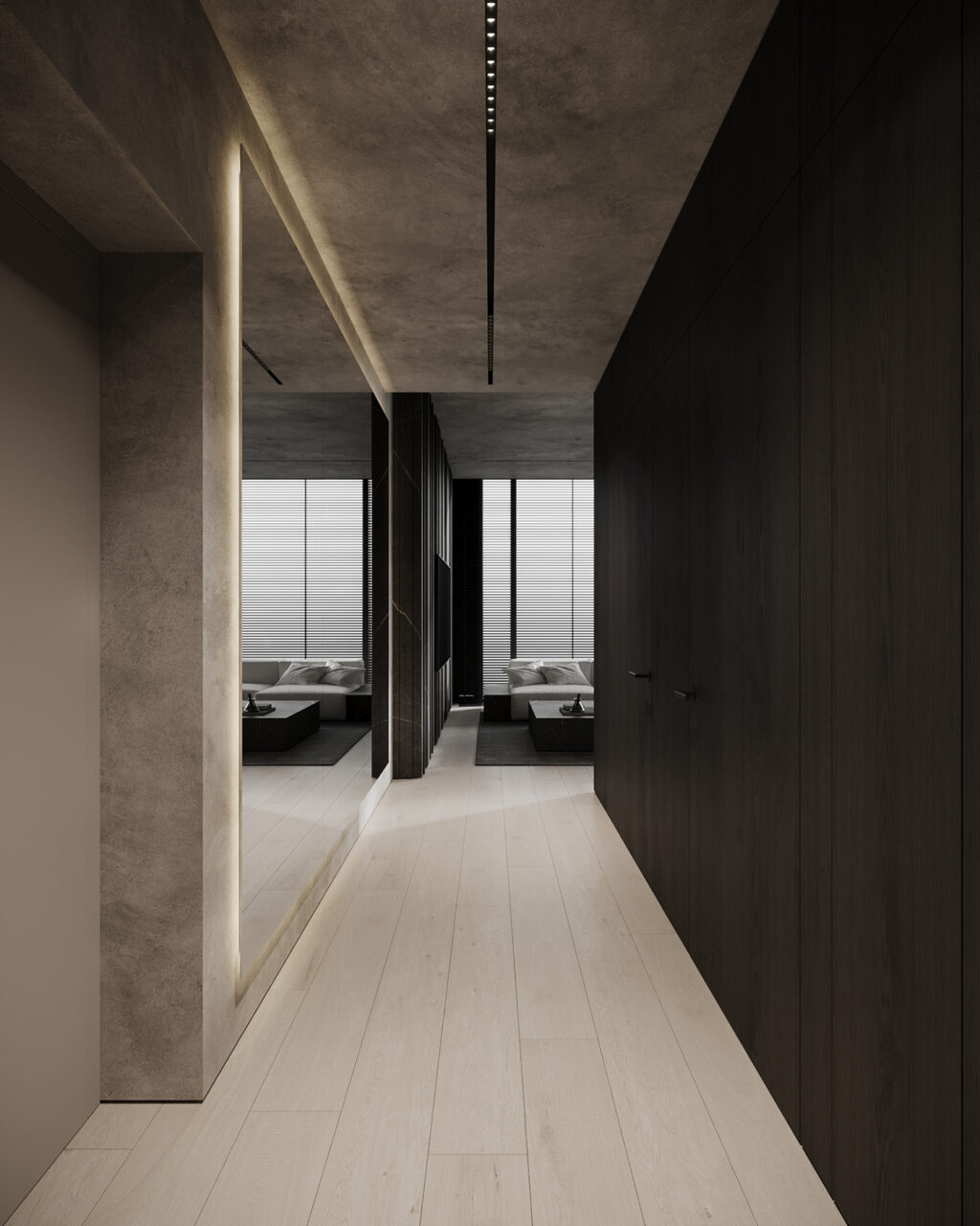 hallway with dark wood cabinetry