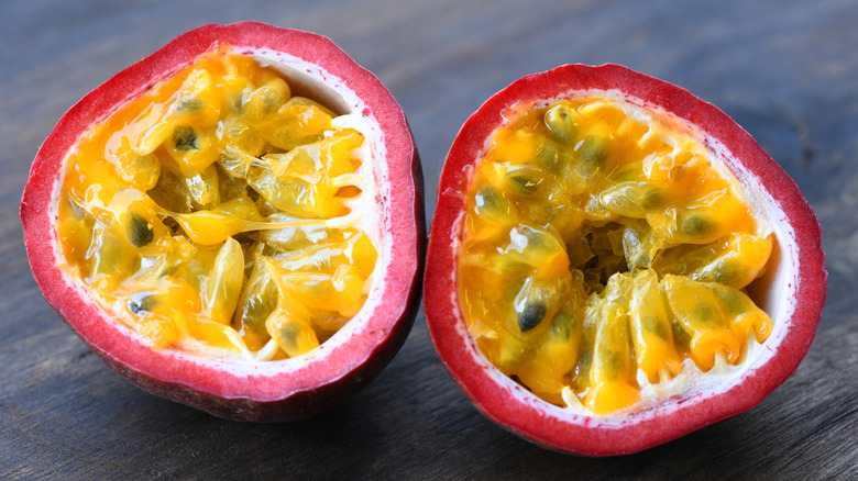 Fresh passion fruit cut down the center