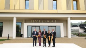 The ribbon cutting with Jean Christophe Babin (center) at the Bulgari manufacture in Valenza, Italy