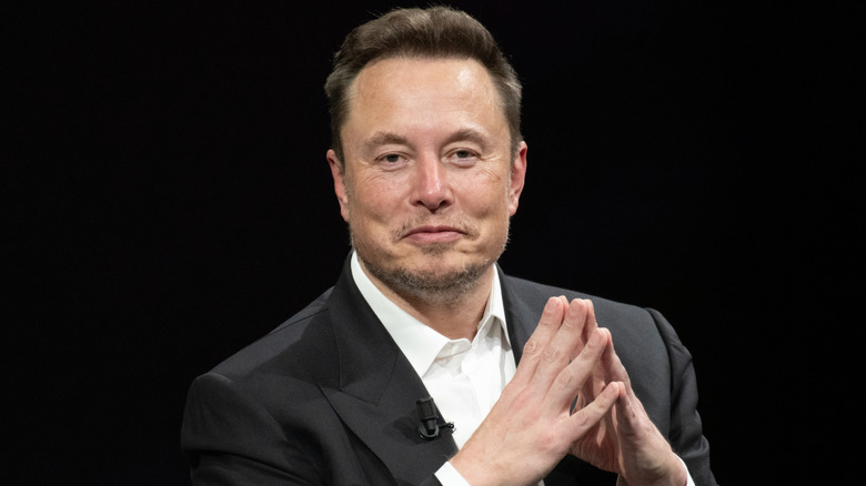 A smirking Elon Musk with fingers touching