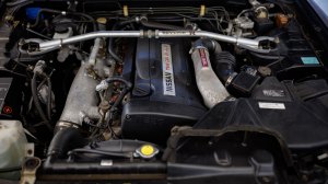 The 2.6-liter, twin-turbo inline-six engine inside a 1995 Nissan Skyline GT-R.