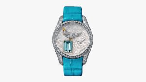 Tiffany & Co's Bird on a Rock Legacy watch with a 2.1-cut emerald shaped aquamarine.