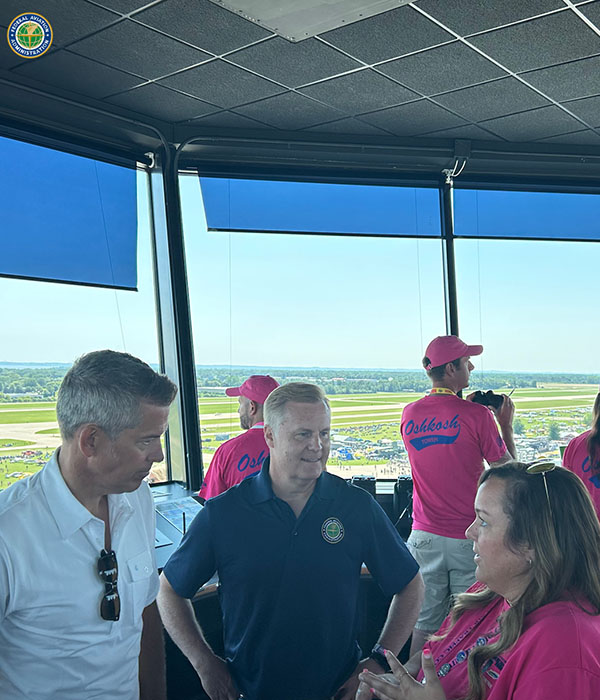 Secretary Sean Duffy and FAA Deputy Administrator Chris Rocheleau tour the ATC Tower at Oshkosh ahead of the MOSAIC announcement