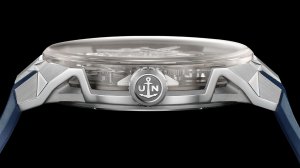 A side profile view of the case of the Ulysse Nardin The Blast Free Wheel Maillechort